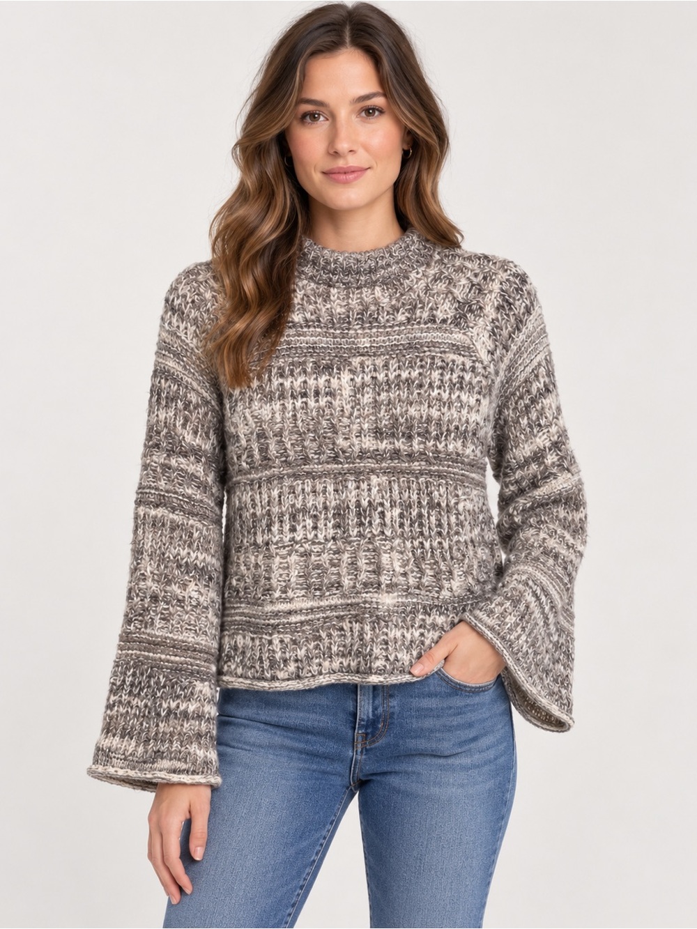 Universal Thread Gray/Ivory/Cream Marled Open Knit Bell Sleeve Sweater NWT Sz S